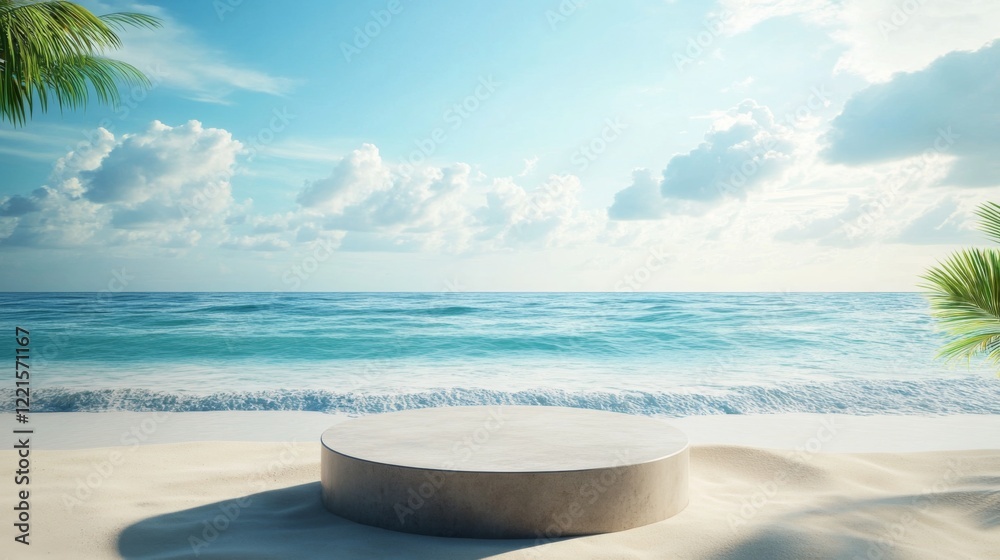 Beach scene with a large white pedestal in the foreground