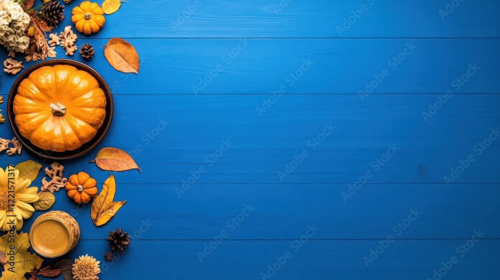 Fall Harvest Delight: Pumpkin, Flower, and Pie Table Decor on Blue Wooden Background - Topdown View Fall Harvest Delight: Pumpkin, Flower, and Pie Table Decor on Blue Wooden Background - Topdown View