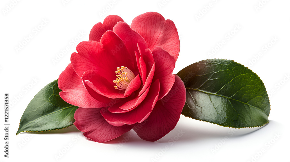 Close-up of a vibrant red camellia blossom with lush green leaves, isolated on a white background. Close-up of a vibrant red camellia blossom with lush green leaves, isolated on a white background.