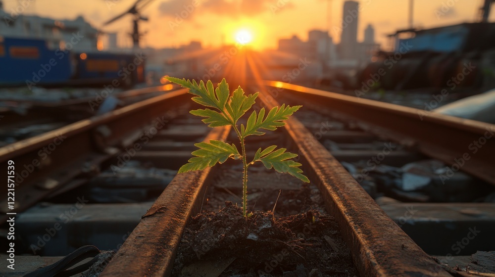 Naklejka premium Resilience: A Tiny Sprout Growing Amidst Rusty Rails at Sunset