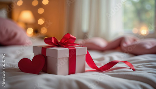 White box with a red ribbon and a heart on top of it. The box is placed on a bed