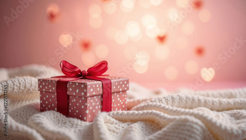 Red box with a red ribbon sits on a white blanket. The box is decorated with polka dots and the ribbon is red. The scene is set against a pink background, giving it a festive and joyful atmosphere