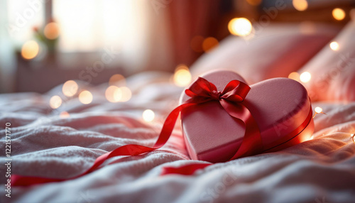Red heart with a red ribbon is on a bed. The bed is covered in white sheets and pillows. The heart is placed on the bed in the center, surrounded by the pillows