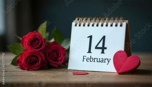 Calendar with a red heart and roses on it. The roses are on the left side of the calendar and the heart is on the right side. The calendar is for February 14th