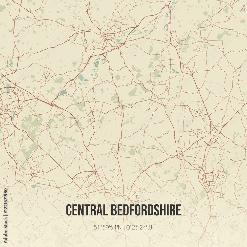 Fototapeta premium Retro UK map of Central Bedfordshire. Vintage street map.
