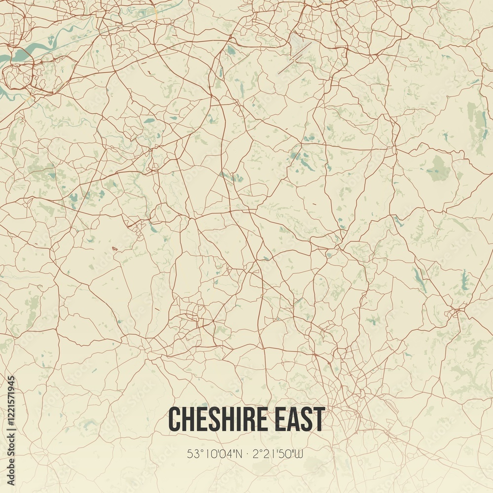 Fototapeta premium Retro UK map of Cheshire East. Vintage street map.