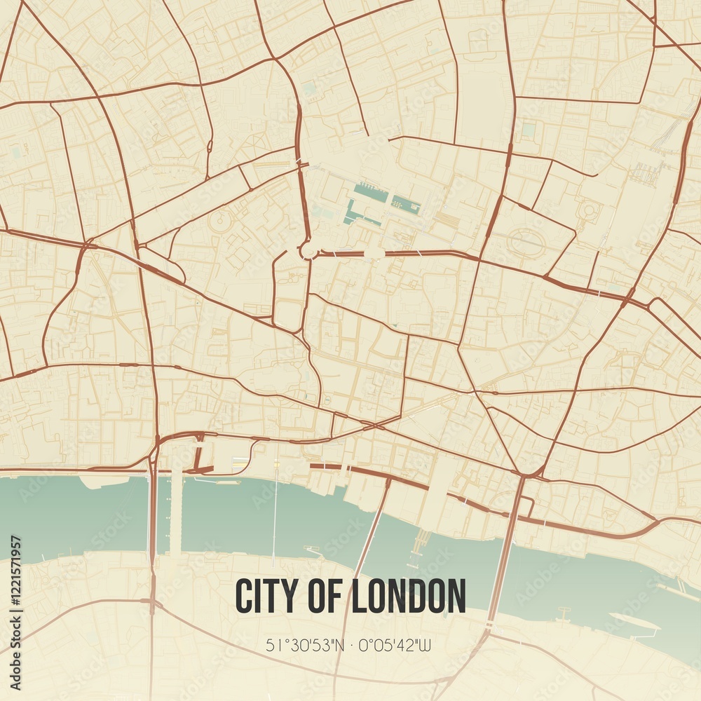 Retro UK map of City of London. Vintage street map.