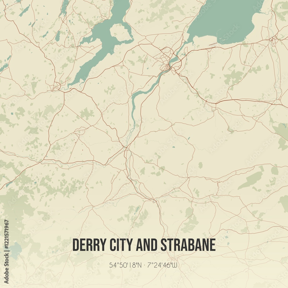 Fototapeta premium Retro UK map of Derry City and Strabane. Vintage street map.