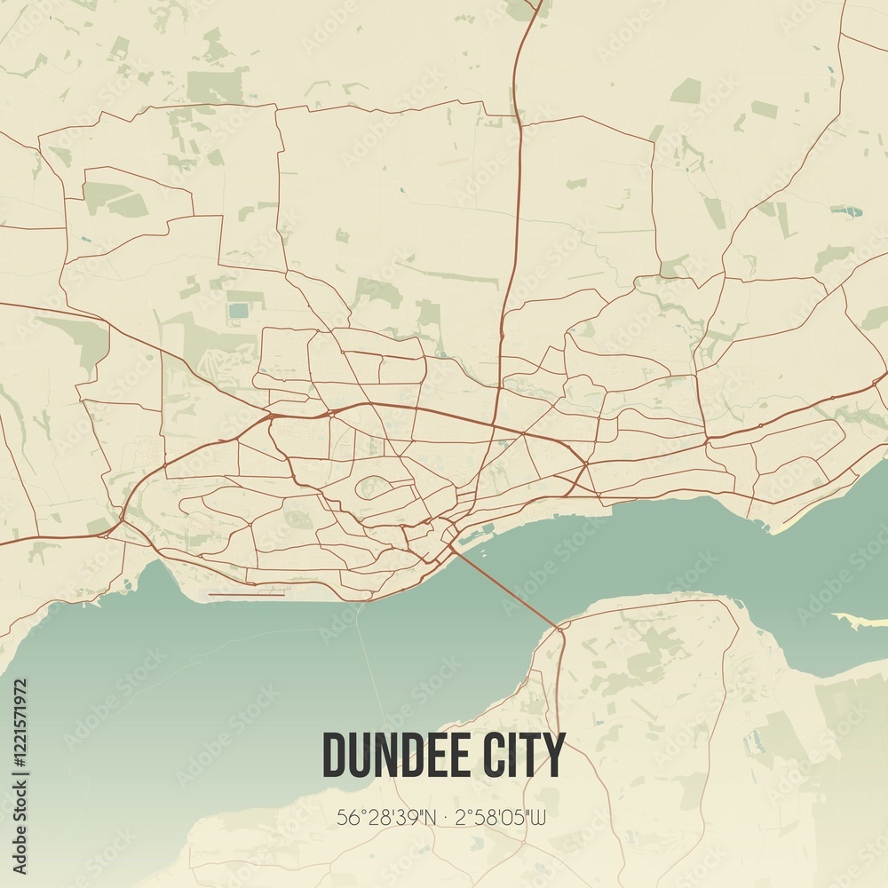 Retro UK map of Dundee City. Vintage street map.