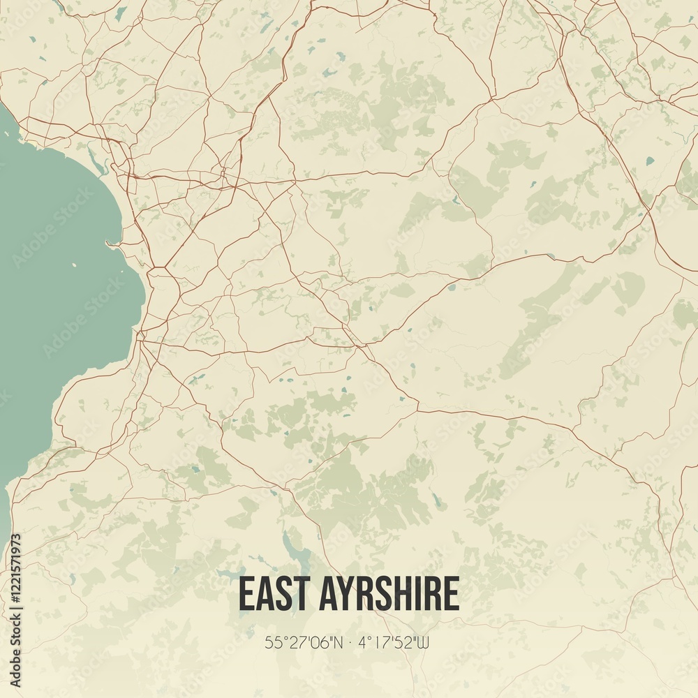 Fototapeta premium Retro UK map of East Ayrshire. Vintage street map.