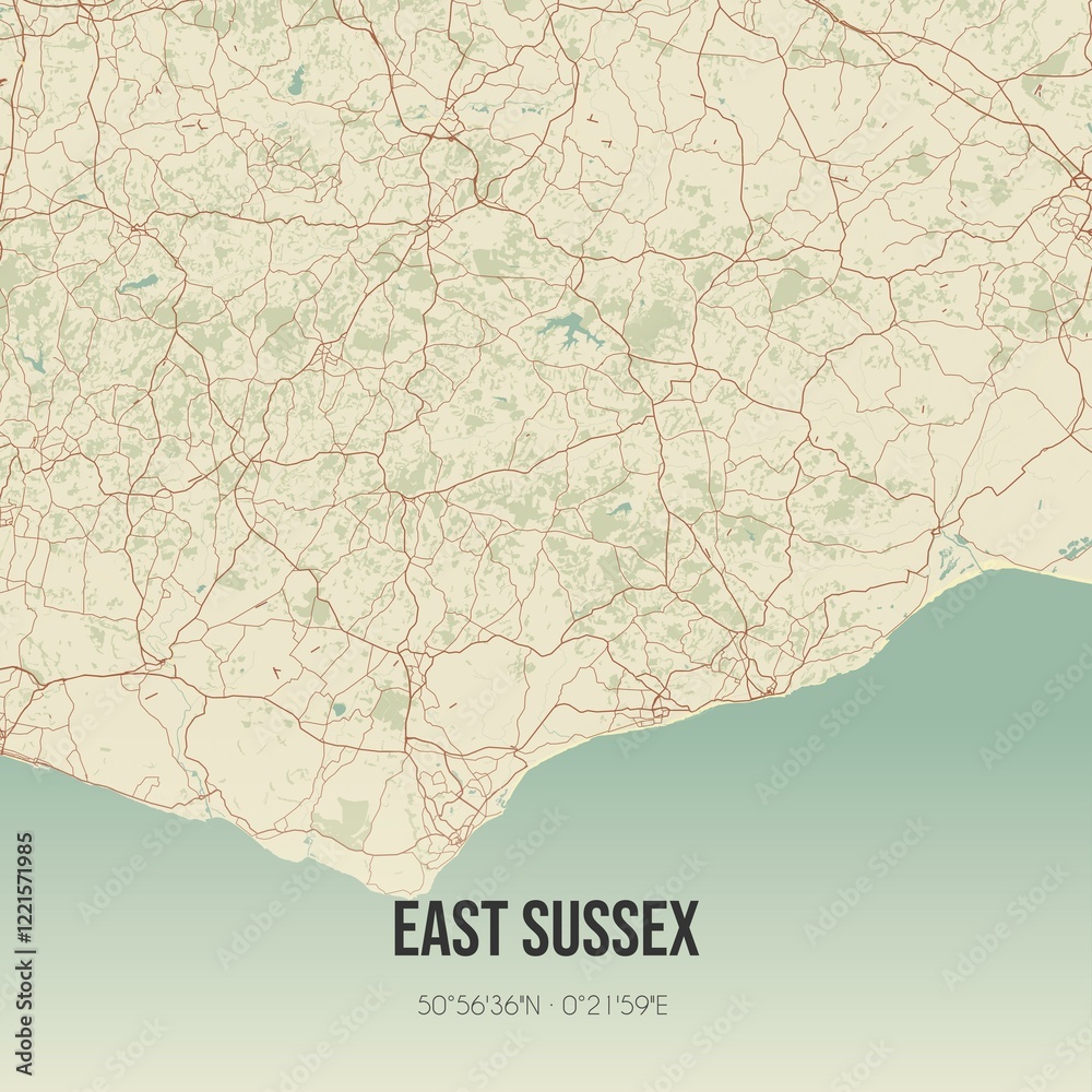 Retro UK map of East Sussex. Vintage street map.