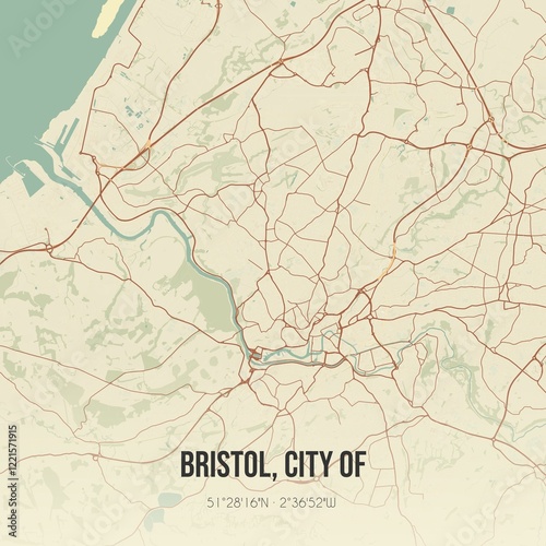 Retro UK map of Bristol, City of. Vintage street map.