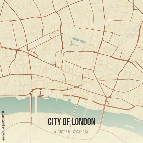 Retro UK map of City of London. Vintage street map.
