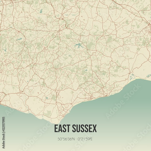 Obraz na płótnie Retro UK map of East Sussex. Vintage street map. w salonie