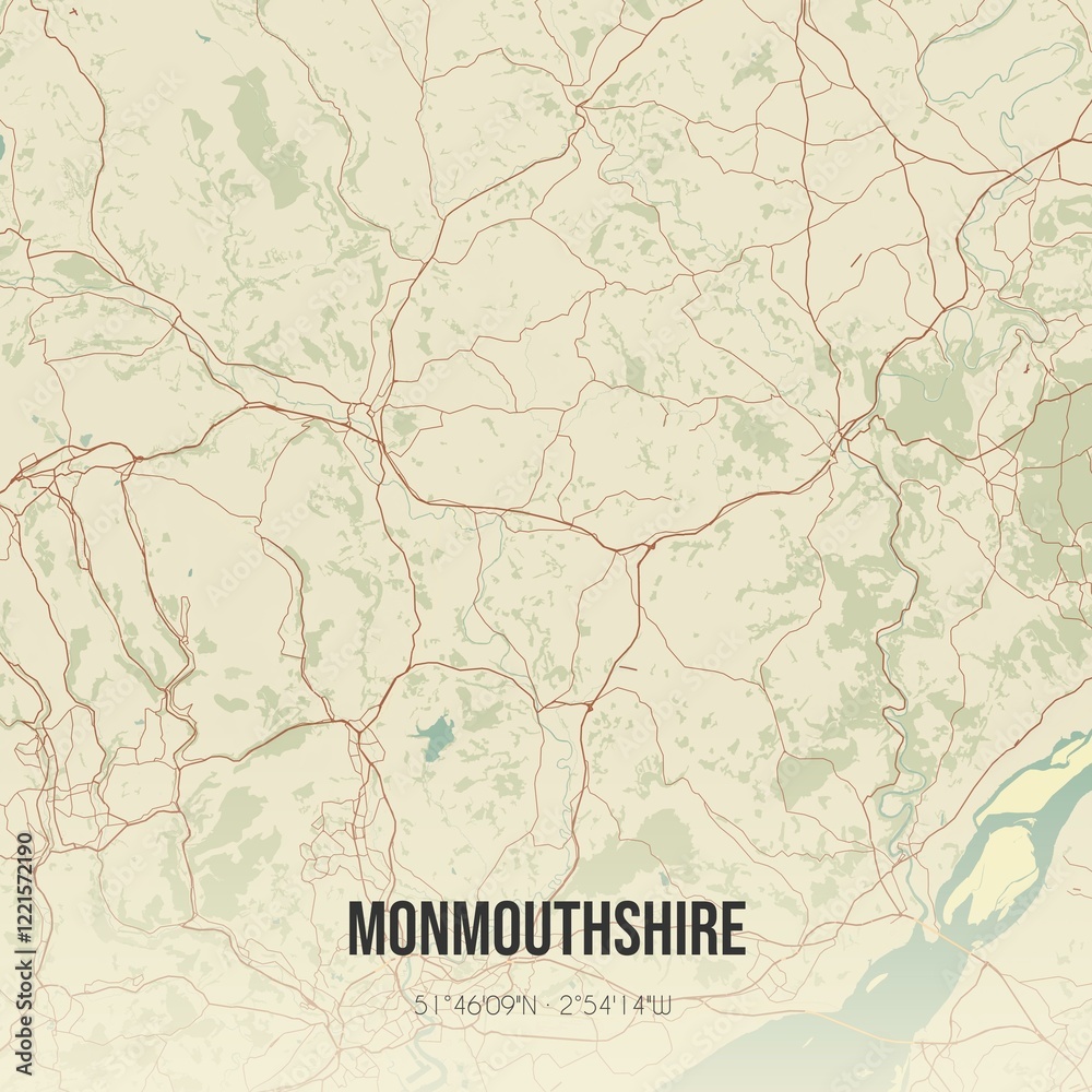 Fototapeta premium Retro UK map of Monmouthshire. Vintage street map.