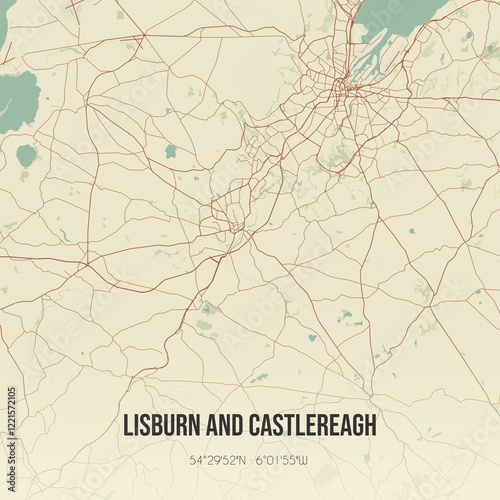 Retro UK map of Lisburn and Castlereagh. Vintage street map. photo