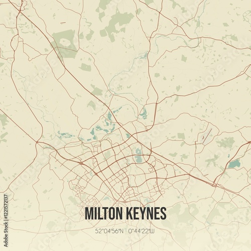 Retro UK map of Milton Keynes. Vintage street map. photo