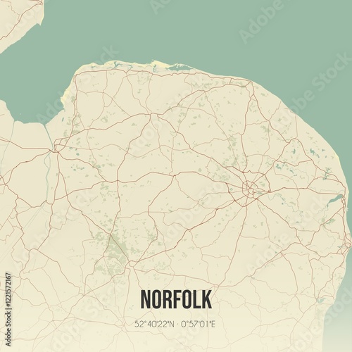 Retro UK map of Norfolk. Vintage street map.