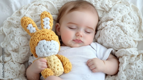 Baby sleeping peacefully with crochet bunny, white blanket. Use Baby product advertising photo