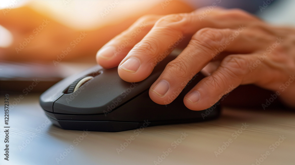 Close-up of a hand using a computer mouse. Close-up of a hand using a computer mouse.