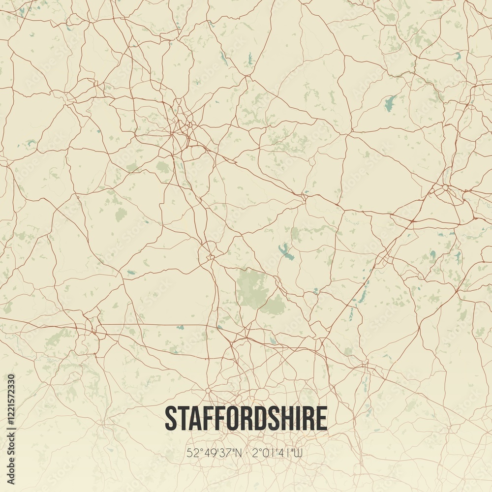 Obraz premium Retro UK map of Staffordshire. Vintage street map.