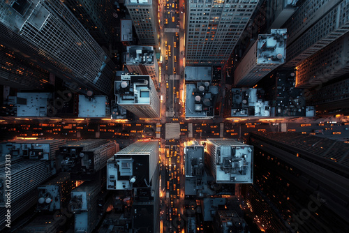Breathtaking Aerial View of City at Night: Urban Architecture and City Lights. A Captivating View of Skyscrapers and City Traffic at Night.