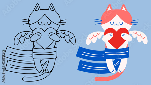 Cupid cat closing its eyes, hugging a heart