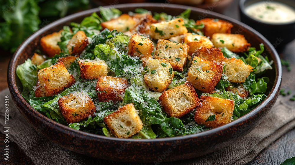 Fresh Caesar salad with crispy croutons, parmesan cheese, romaine lettuce, and creamy dressing, soft natural light and clean background
