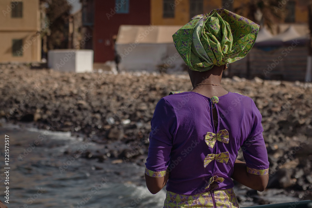 Back view of a typical african or senegalese woman wearing violet shirt and green head scarf. Very classy and colorful, typical for Africa.