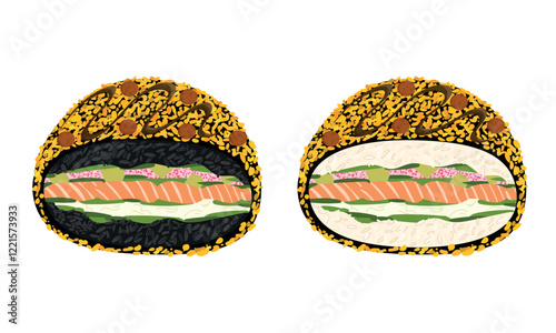 Set of black and white sushi burger with salmon meat, onion, rice, avocado and masago caviar and cream cheese fried in breadcrumbs isolated on white. Hand drawn vector illustration in flat style