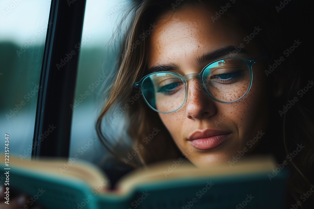 A Young Woman with Freckles Reading a Book by the Window: A Moment of Peace and Literary Focus