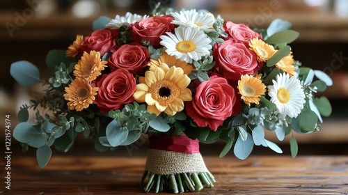 Elegant floral bouquet featuring red roses, white daisies, and yellow chrysanthemums, arranged with green foliage and wrapped in rustic burlap fabric for a charming presentation. photo