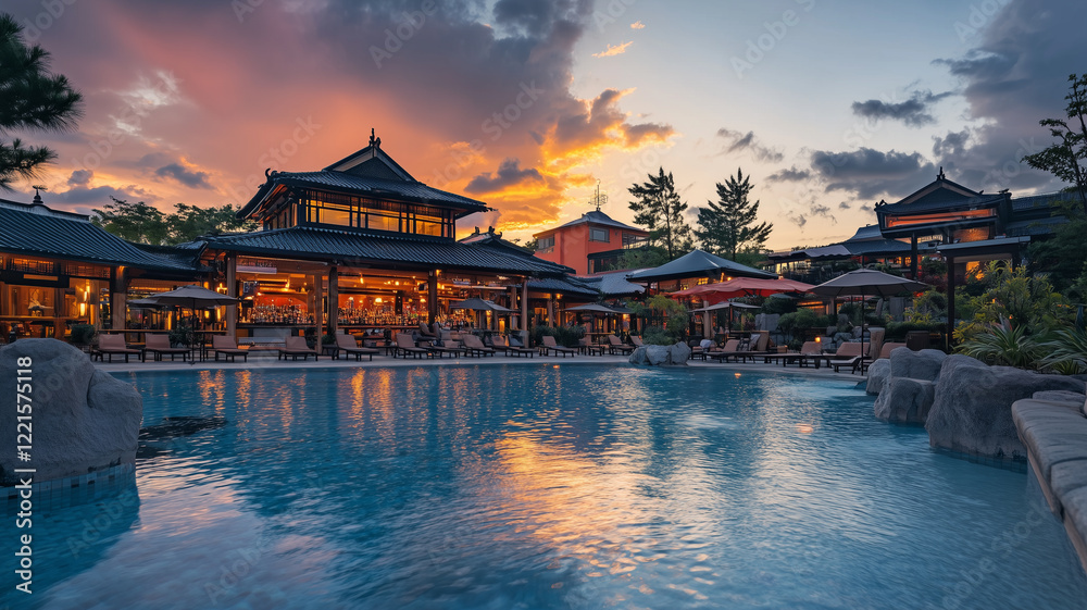Obraz premium Serene Tropical Resort at Sunset with Illuminated Pool and Asian Architecture
