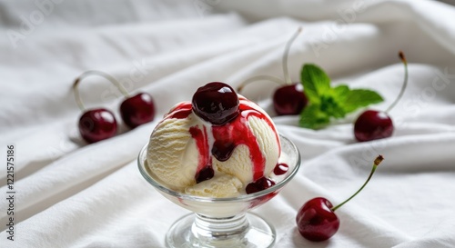 Vanilla ice cream topped with cherries and sauce on glass dish