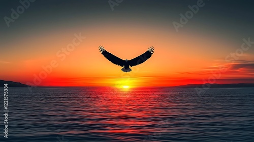 Eagle sunset flight ocean landscape; freedom, nature photo