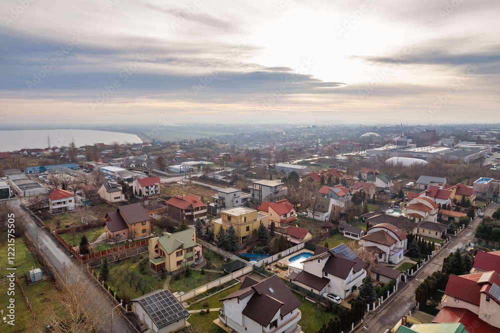Fototapeta premium Morning aerial cityscape of Galati, Romania