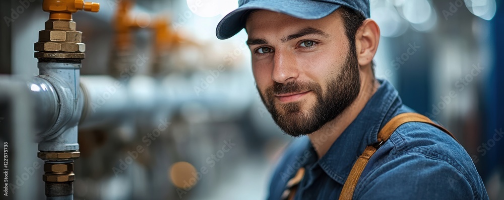 Φωτογραφία Portrait of a Worker in an Industrial Setting with Pipes and Machinery in the Ba