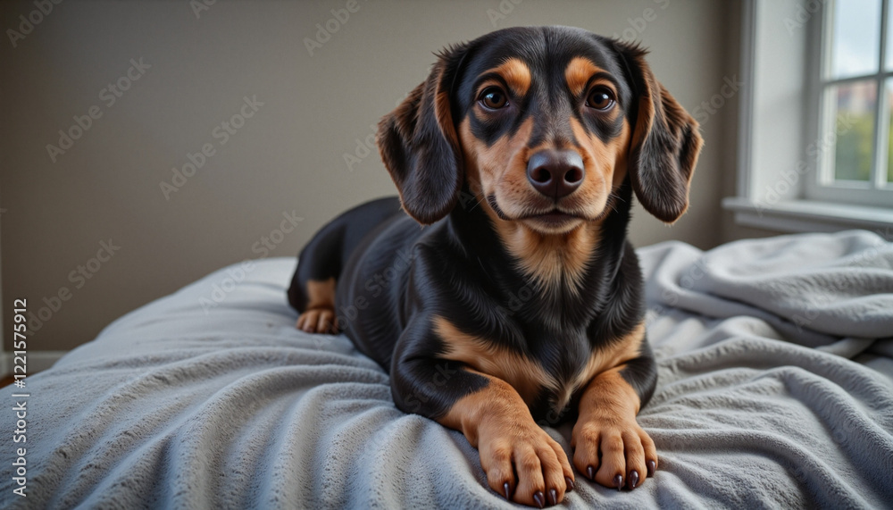Black and tan dachshund sitting attentively on a soft gray blanket with natural light Black and tan dachshund sitting attentively on a soft gray blanket with natural light
