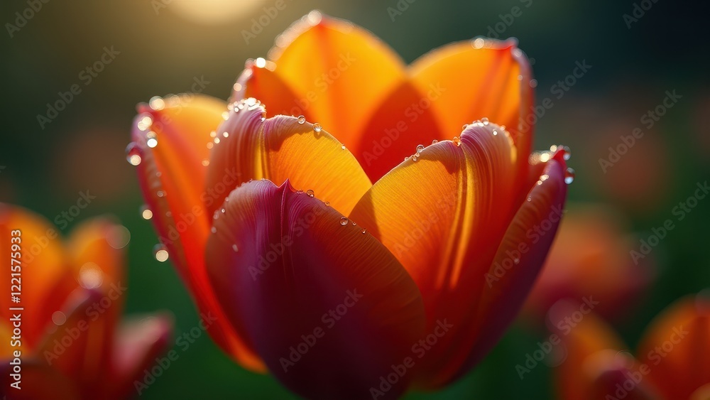 Macro photography of a tulip with dew drops in sunlight Macro photography of a tulip with dew drops in sunlight