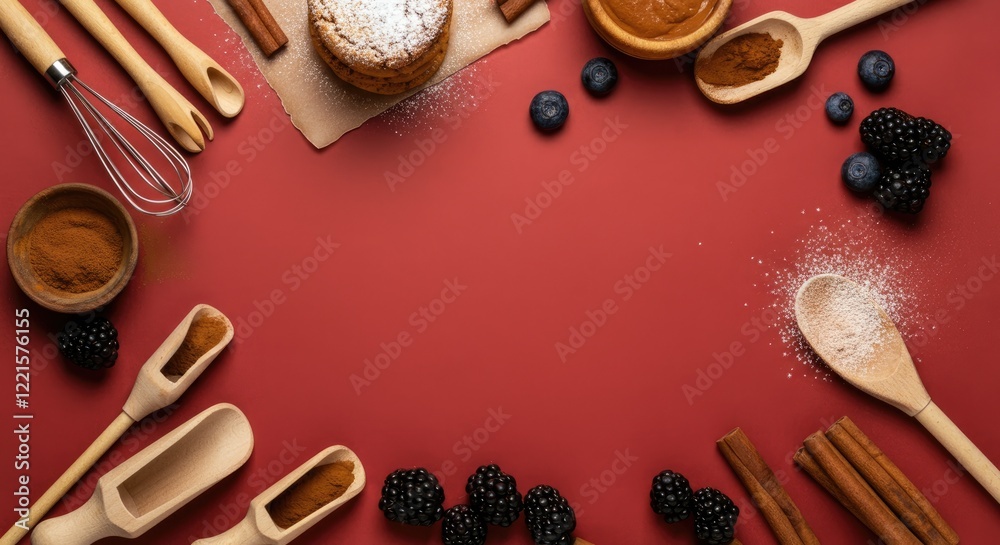 Baking ingredients and utensils on red background, cinnamon, berries, whisks, wooden spoons Baking ingredients and utensils on red background, cinnamon, berries, whisks, wooden spoons