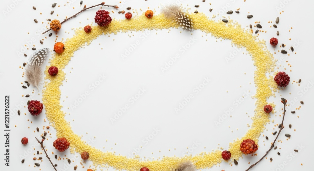 Obraz premium Autumn-themed floral arrangement with millet, berries, seeds, and feathers