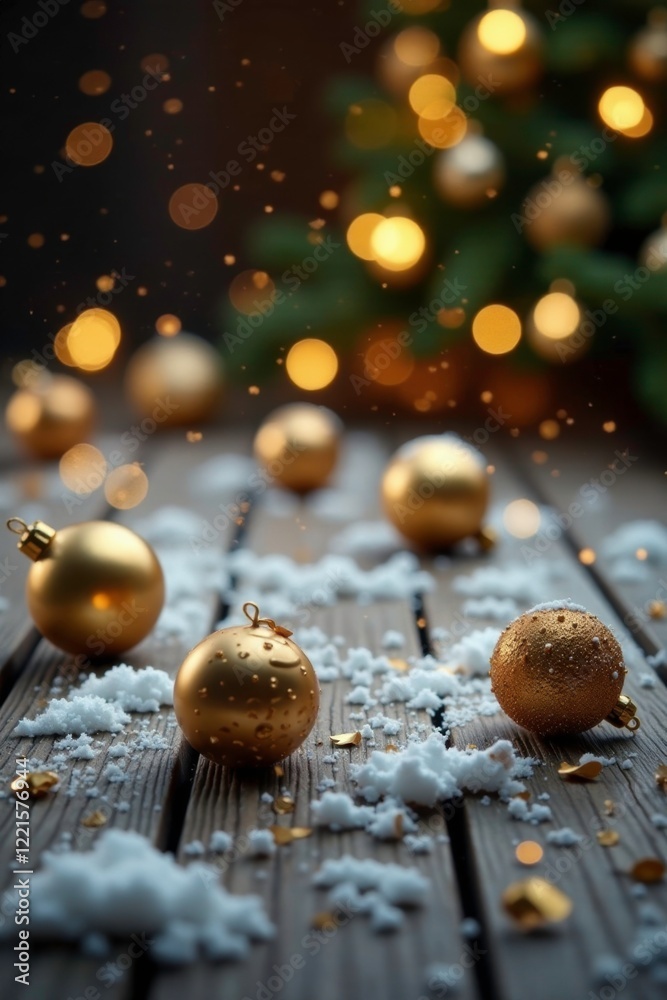 Fototapeta premium Golden ornaments scattered on snow-covered wooden floor with a hint of bokeh and emptiness around, rustic, cozy