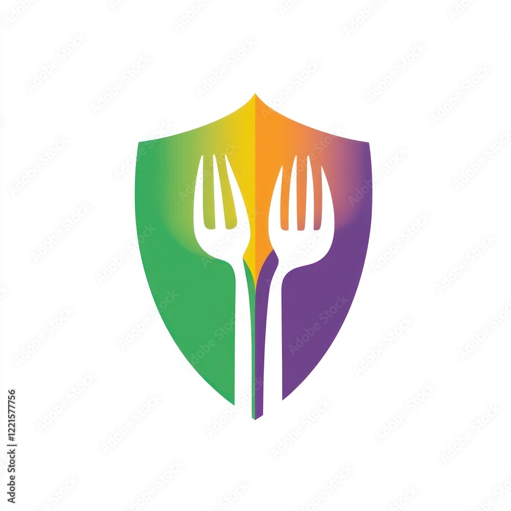 Food safety shield logo; forks protect healthy eating Food safety shield logo; forks protect healthy eating