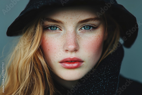 Captivating Portrait of a Young Woman with Freckles, Blonde Hair, and a Pensive Expression. A Close-Up Shot Showcasing Her Natural Beauty and Elegant Style.