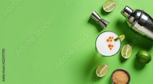 Refreshing cocktail with lime and bartending tools on green background