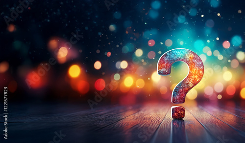 Glitter sparkling question mark bokeh background. Questions icon. FAQ support, answer searching. Find problem decision. Copy space. Space for text.