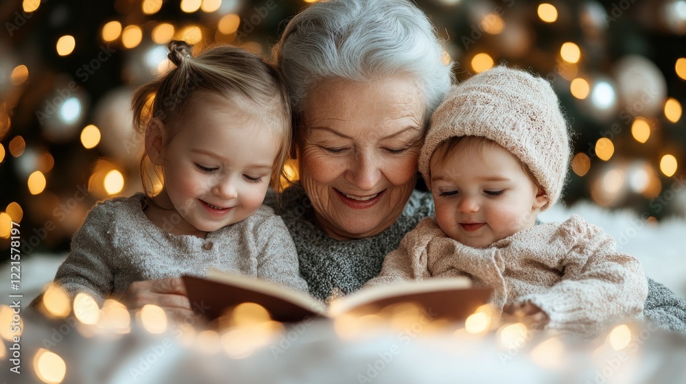 Grandma reading a Christmas story to her two grandchildren by a decorated Christmas tree. A heartwarming moment filled with love and joy during the holiday season. Grandma reading a Christmas story to her two grandchildren by a decorated Christmas tree. A heartwarming moment filled with love and joy during the holiday season.