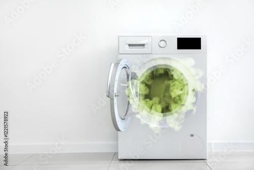 Broken washing machine with bad smell near white wall