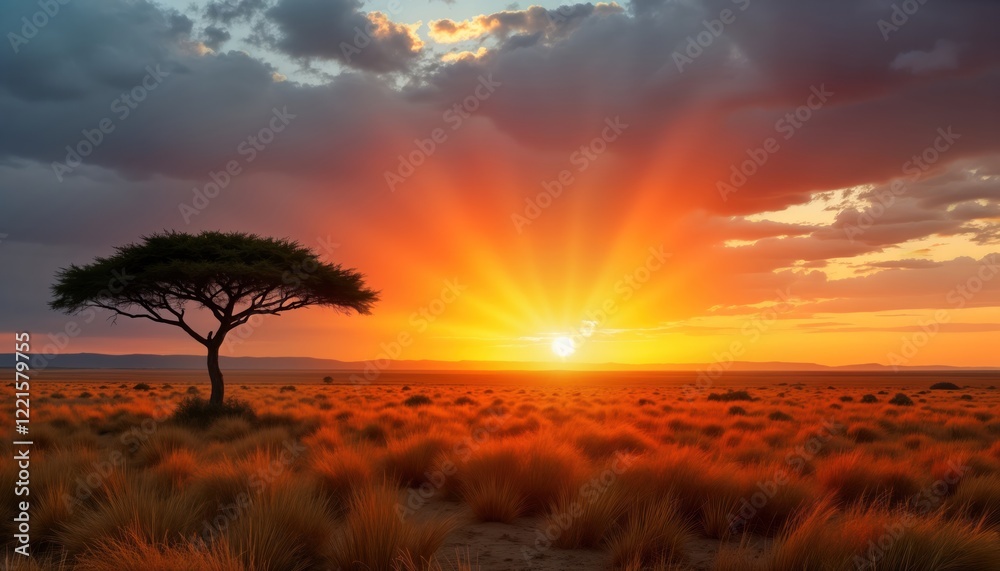 Fototapeta premium Single acacia tree stands alone in savanna at vibrant sunset. Dry grass fills foreground. Scenic African landscape evokes peace, tranquility. Travel destination photo. Sunrise sunset. Tranquil scene.