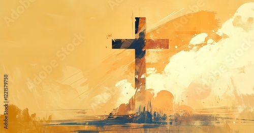 A large cross painted on a wall with shades of brown and yellow photo